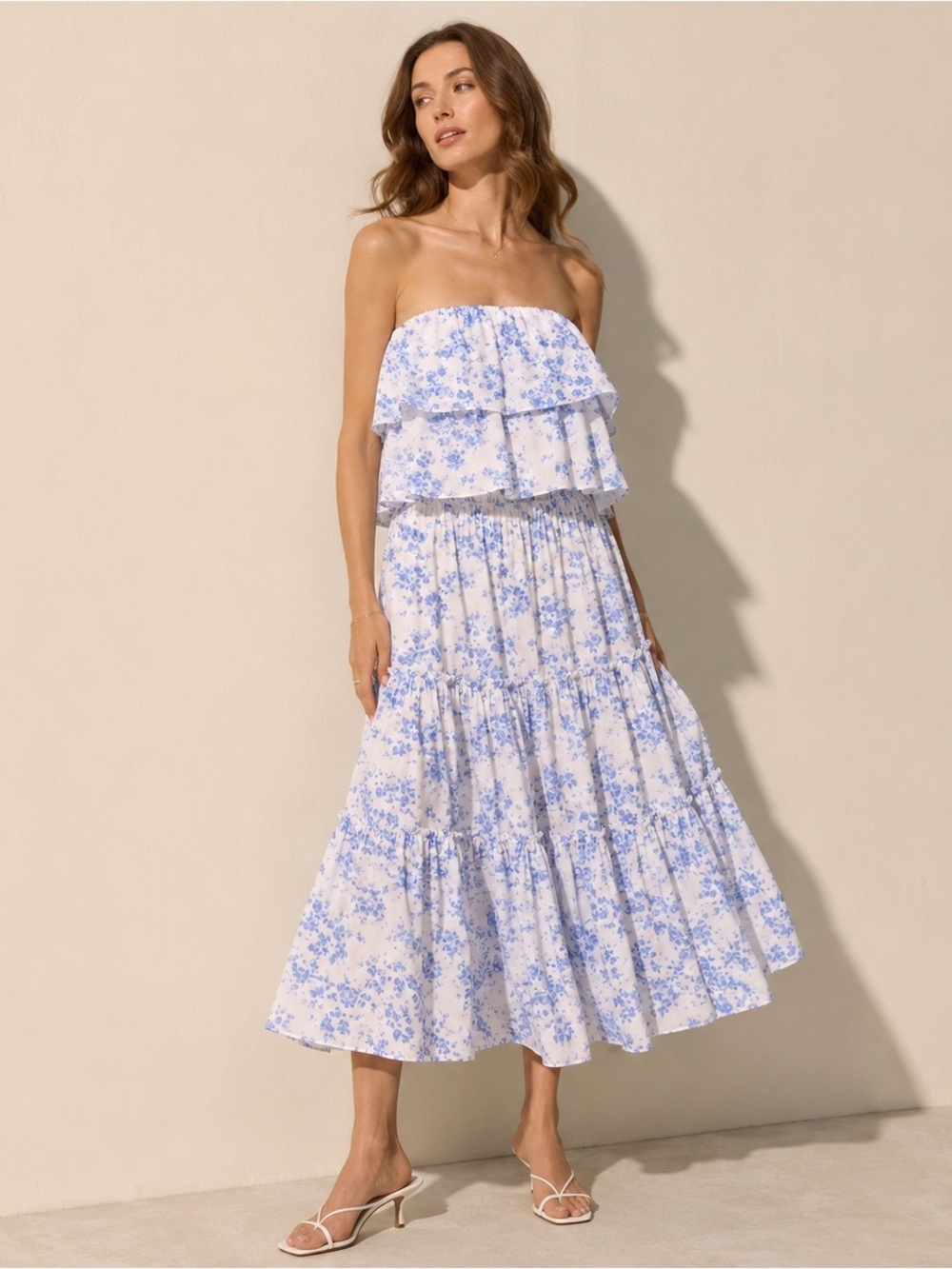 1. State White Strapless Midi Dress with Blue Floral Print